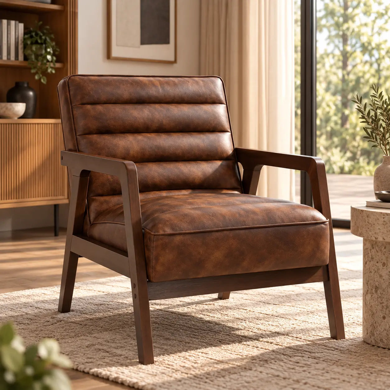 Fauteuil rétro aspect cuir vieilli et bois