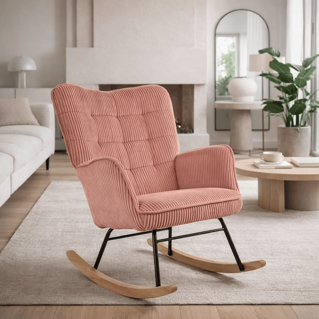 Fauteuil rocking chair rose en tissu, design élégant et confortable, idéal pour salon ou chambre, par Cazamoon.com.