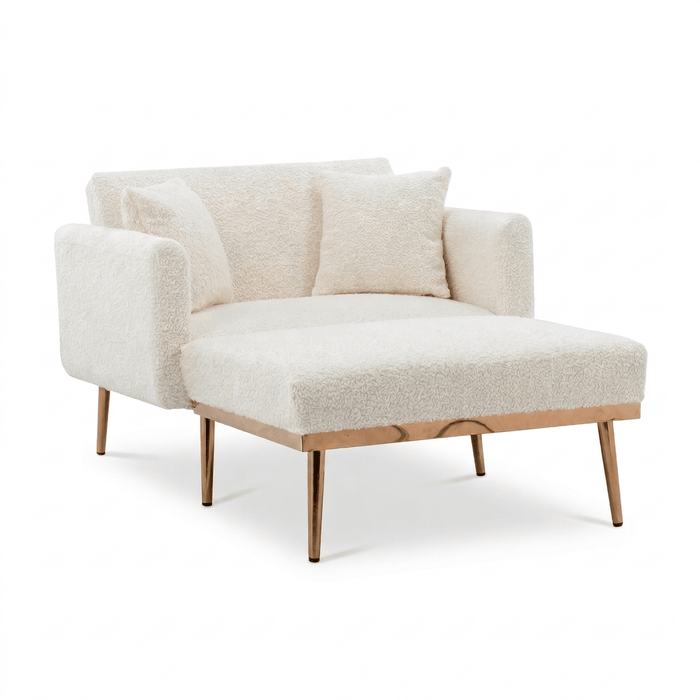 Fauteuil convertible scandinave en tissu gris clair avec accoudoirs en bois clair, moderne et confortable.