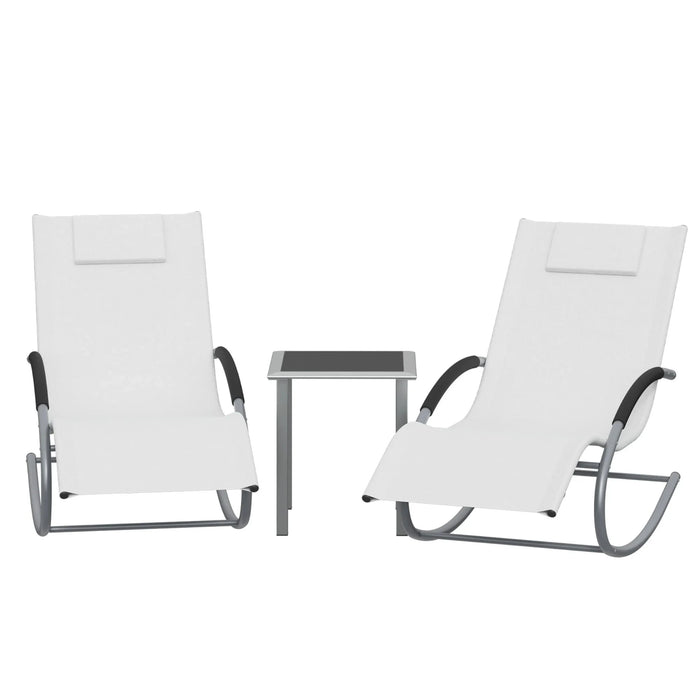 Ensemble fauteuil à bascule de jardin et table en bois avec coussins, design élégant pour espace extérieur.